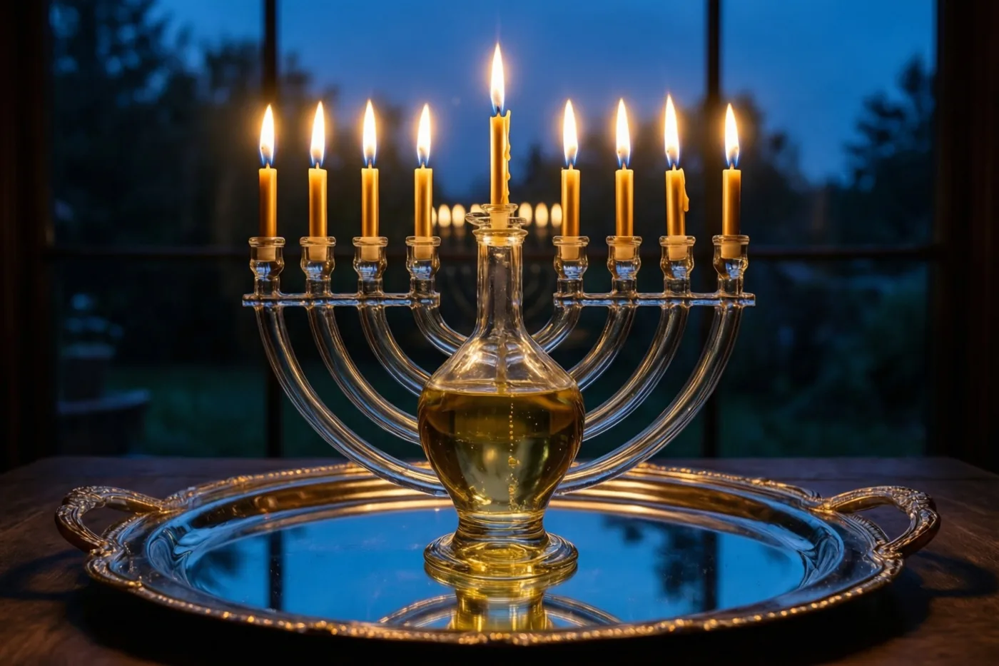 Een glazen oliemenora met negen brandende lichtjes staat op een zilverkleurig spiegelend dienblad voor een donker raam bij schemering, tegen een koelblauwe achtergrond.