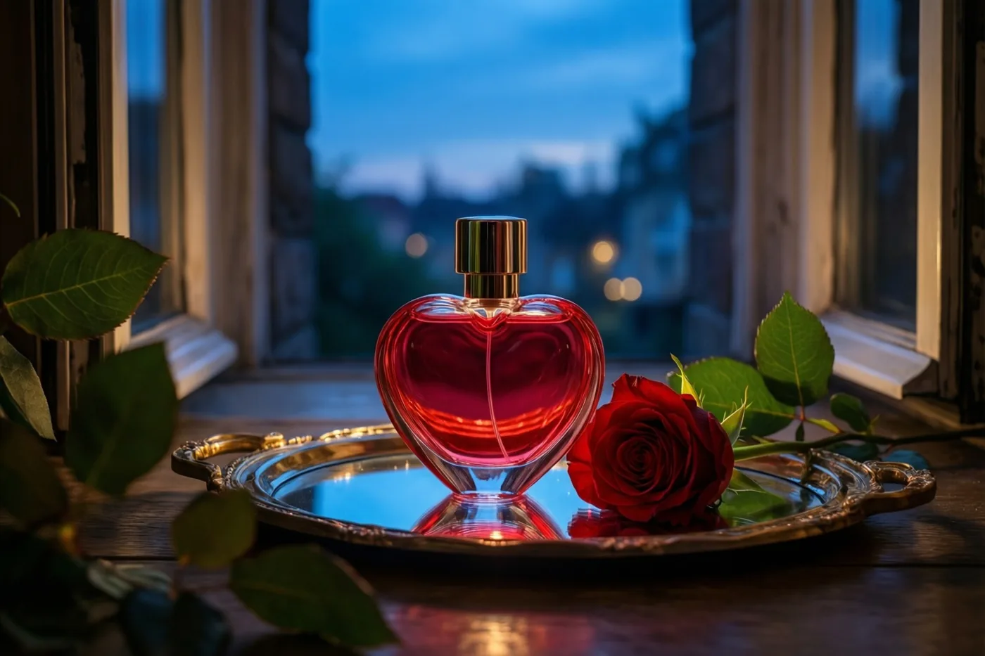 Een hartvormig glazen parfumflesje met rode vloeistof staat naast een rode roos op een spiegelend dienblad op een vensterbank, met warm licht binnen en blauwe schemering buiten.