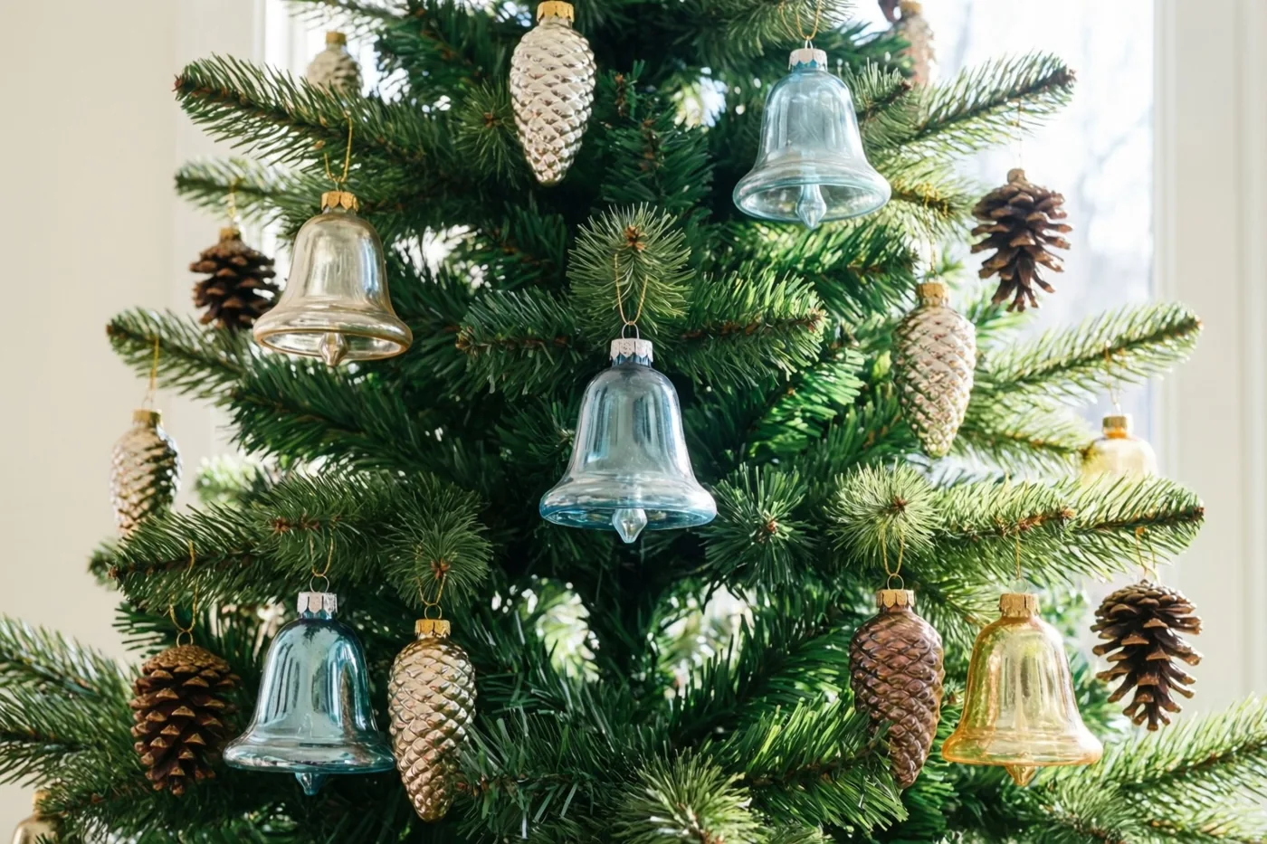 Een kerstboom binnenshuis draagt glazen retroversieringen in de vorm van klokjes en dennenappels, met daglicht van een raam op de achtergrond.