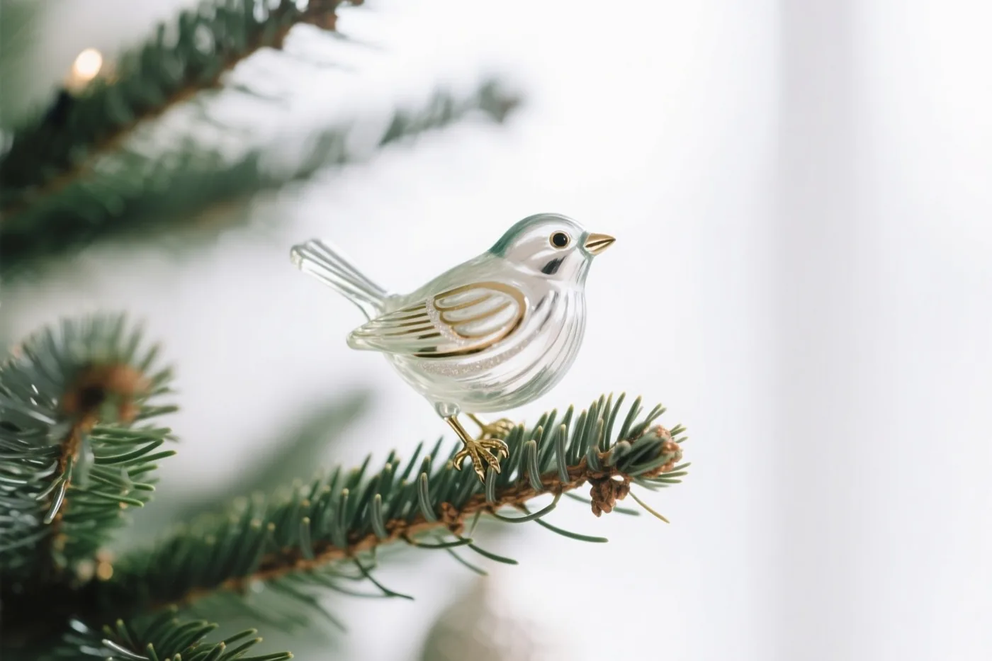 Een doorzichtig glazen vogelornament met gouden accenten zit op een groene dennentak, met een heldere, onscherpe achtergrond in zacht licht.
