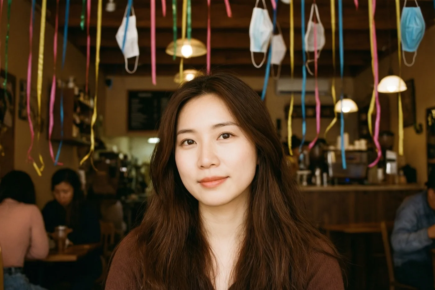 Een vrouw met lang bruin haar glimlacht naar de camera in een warm verlicht café met kleurrijke slingers en hangende gezichtsmaskers aan het plafond.