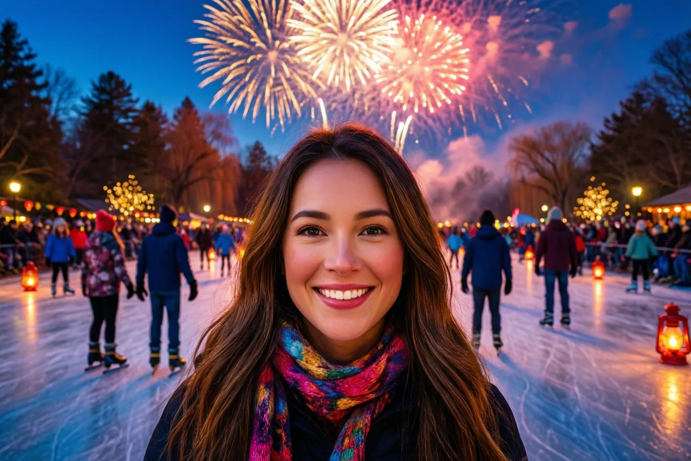 Een glimlachende vrouw met een kleurrijke sjaal kijkt naar de camera, met achter haar schaatsers, lantaarns op het ijs en vuurwerk boven de bomen bij schemering.