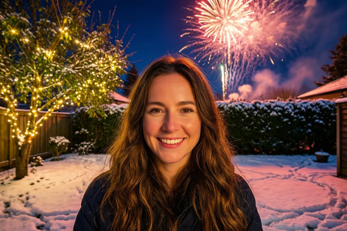 Een vrouw met lang bruin haar glimlacht naar de camera in een besneeuwde tuin, met lichtjes in een boom en kleurrijk vuurwerk boven de haag.