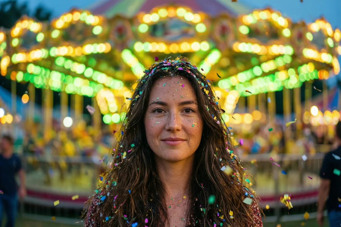 Een vrouw met confetti in haar haar glimlacht naar de camera voor een onscherpe draaimolen bij schemering, met warme gele en groene lichtvlekken.