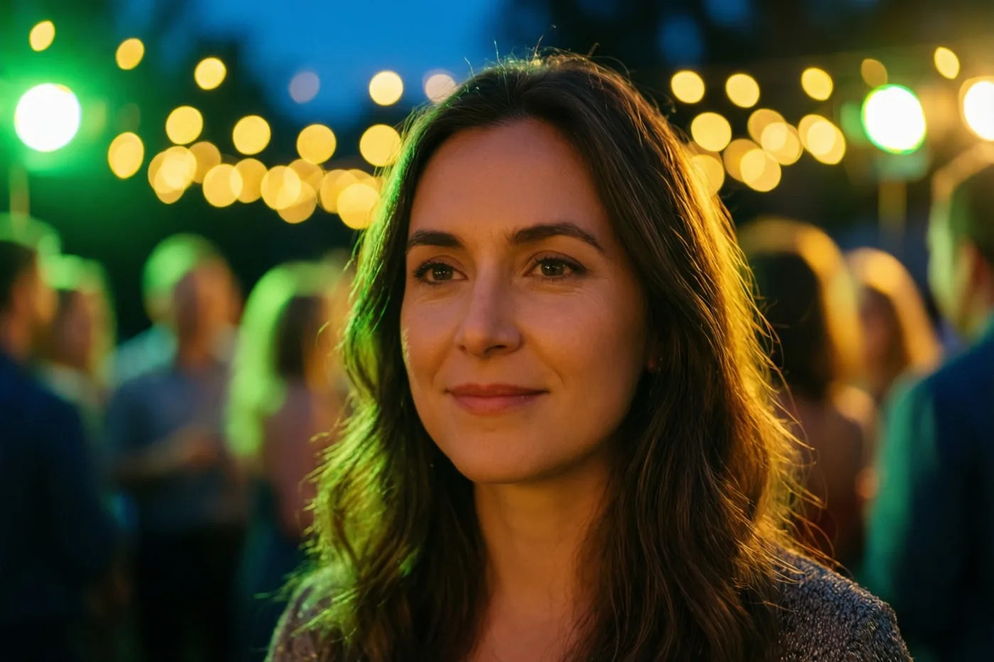 Een close-up toont een zacht glimlachende vrouw voor een wazige achtergrond met warmgouden lichtjes van een nachtelijk feest.