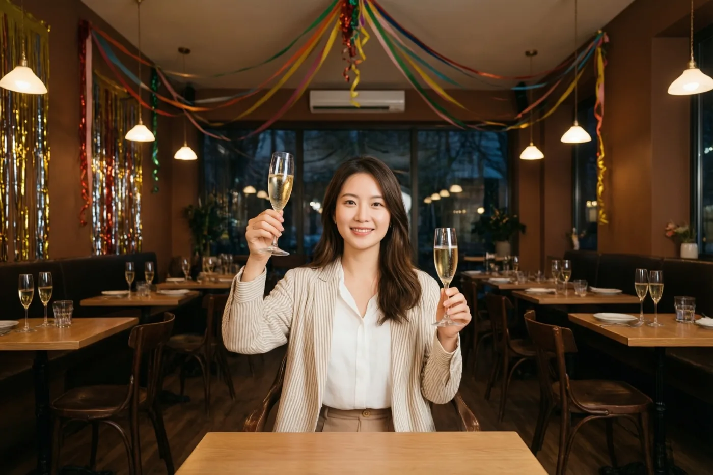 Een glimlachende vrouw houdt twee champagneglazen omhoog in een warm verlicht café met een bruin interieur, kleurrijke slingers en hanglampen.