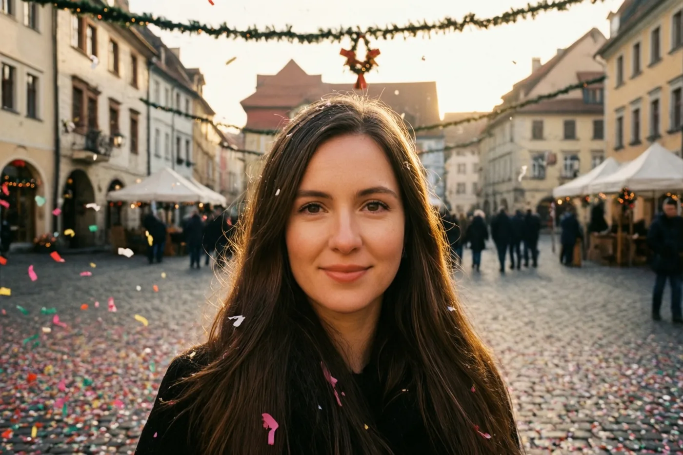 Een jonge vrouw met lang donker haar glimlacht naar de camera op een gekasseid dorpsplein met slingers en confetti, met historische gebouwen en marktkramen in warm goudkleurig licht op de achtergrond.