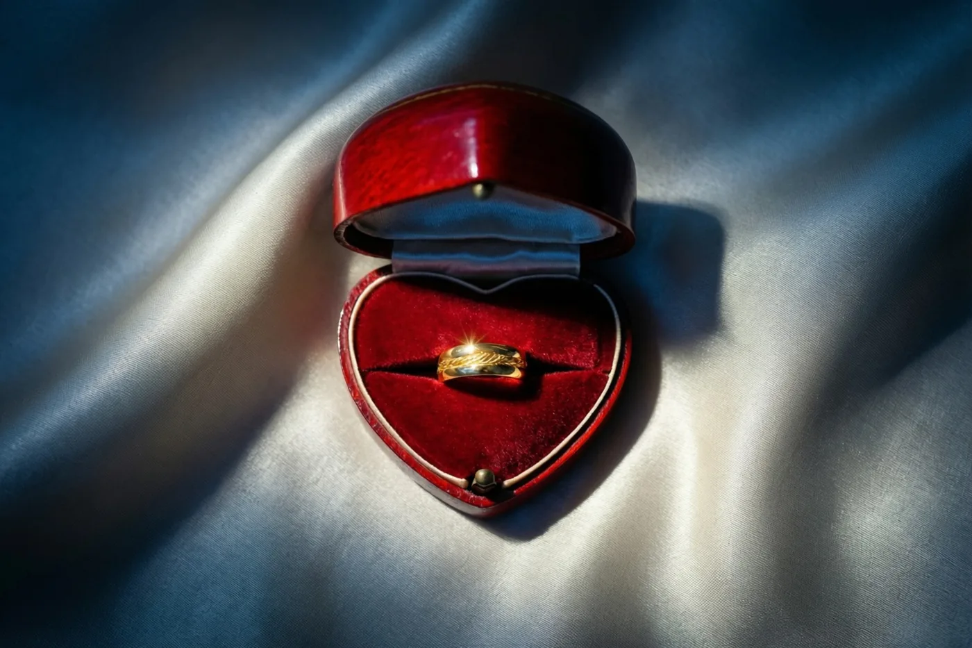 Een gouden ring glinstert in een halfopen roodgelakt hartvormig juwelendoosje op crèmekleurige zijde, verlicht met sterke lichtcontrasten.
