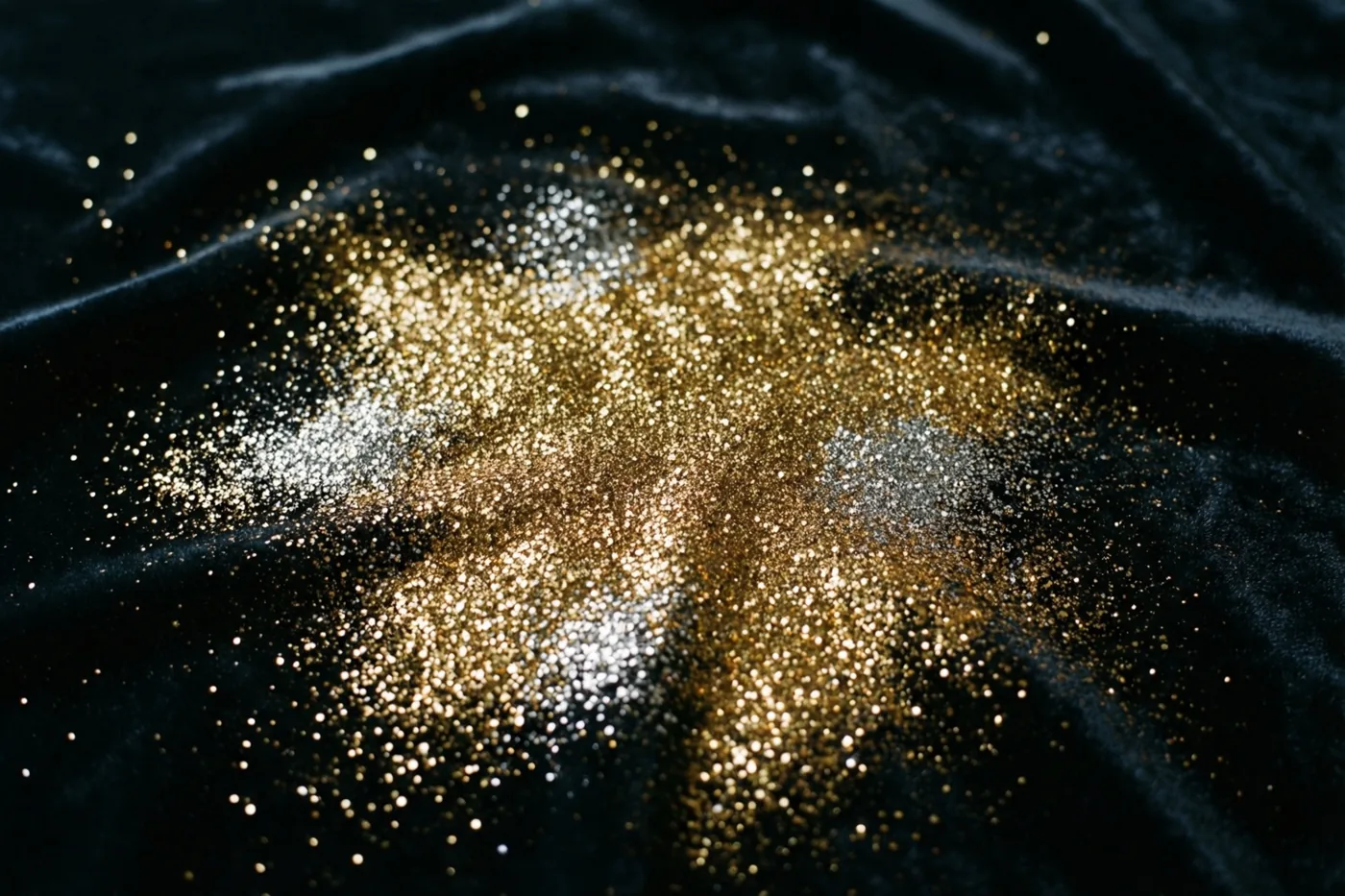 Een close-up toont gouden glitter en zilveren pailletten verspreid over een donkere fluwelen stof.