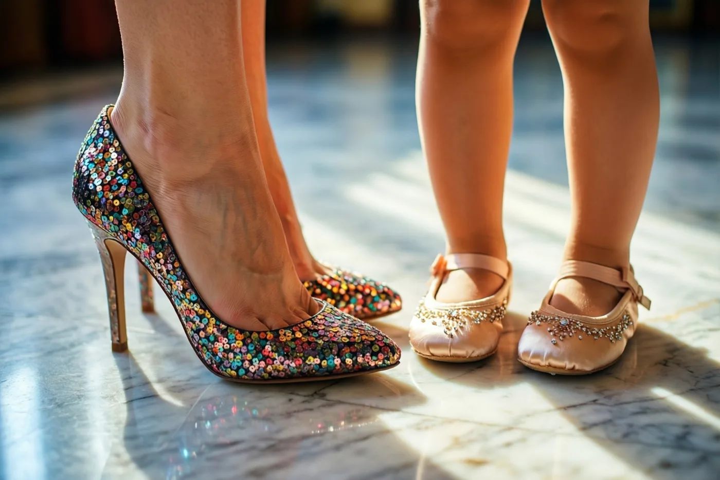 Een detailfoto toont glitterende hoge hakken van een moeder en kleine kinderballerina's naast elkaar op een gepolijste marmeren vloer in warm zonlicht.
