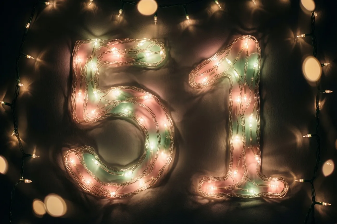 Het getal 51 is gevormd door gloeiende lichtjes op een donkere muur, met zachte onscherpe lichtjes op de achtergrond.