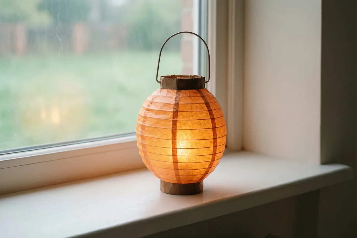 Een oranje en bruine papieren lampion gloeit op een witte vensterbank, met door het raam een onscherp zicht naar buiten in warme tinten.