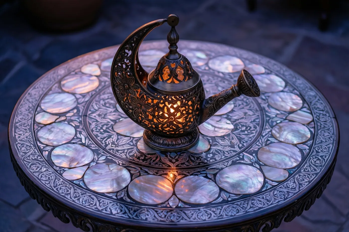 Een sierlijke maansikkellantaarn met fijne uitsparingen straalt goudkleurig licht uit op een ronde tafel met parelmoerinleg in een schemerige omgeving met diepe blauwtinten.