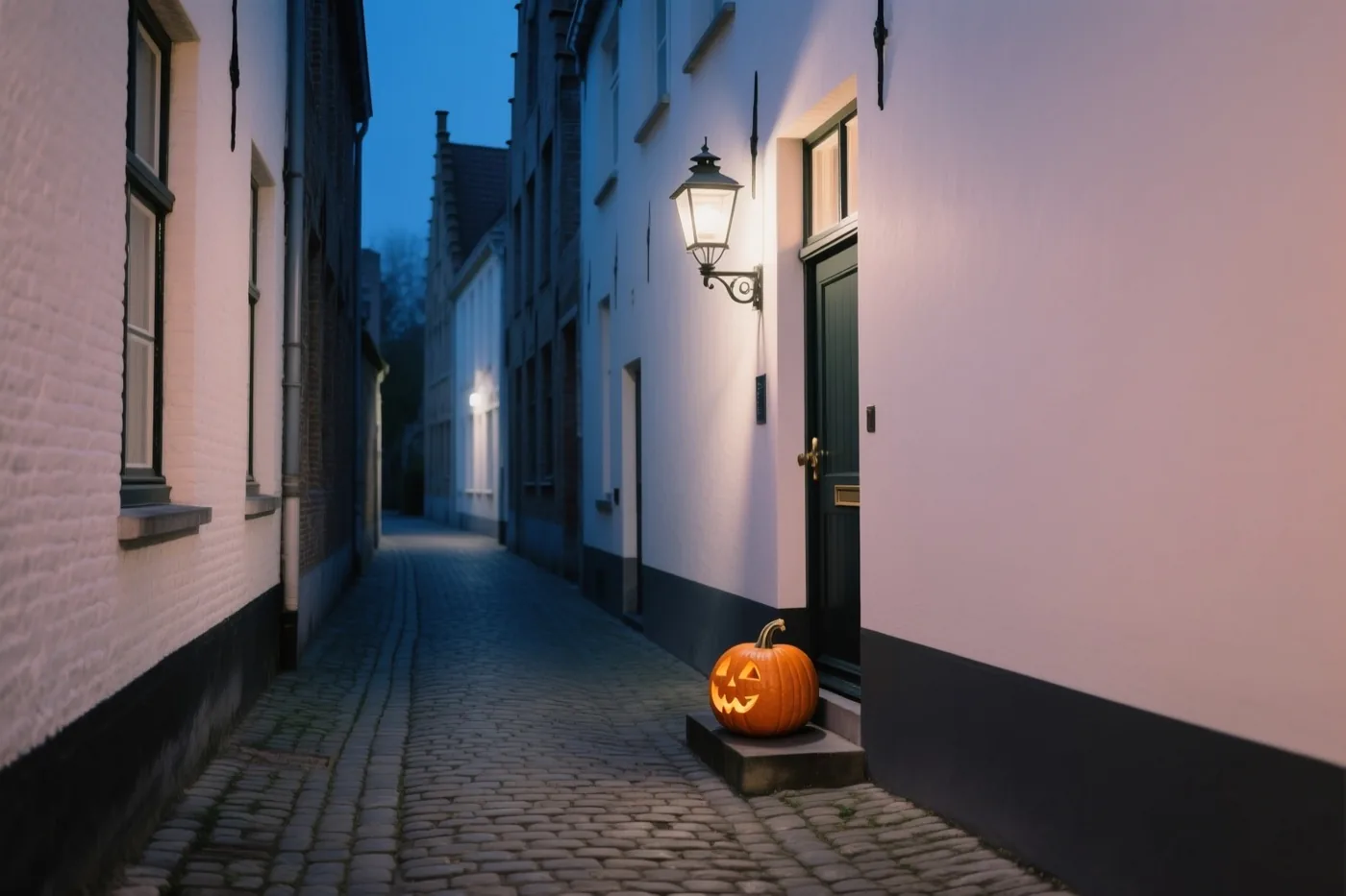 Een uitgesneden pompoen gloeit op een drempel naast een brandende wandlantaarn in een smal Brugs kasseiensteegje, met blauw avondlicht en warme oranje en witte verlichting.
