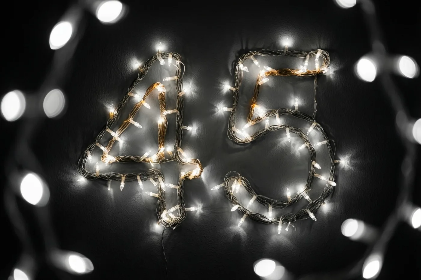 Gloeiende lichtjes vormen 45 op een donkere muur met wazige feestlichtjes op de achtergrond.