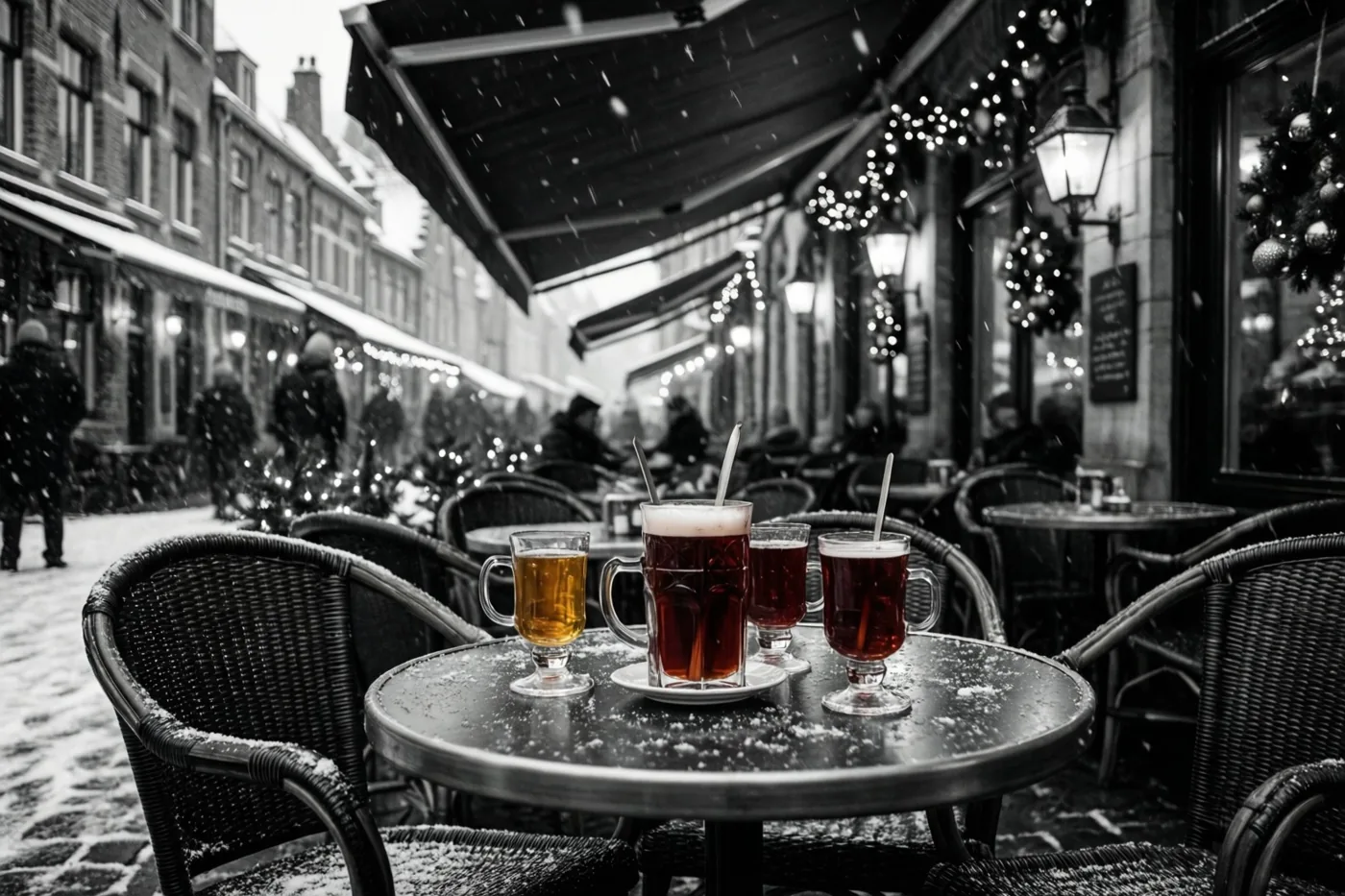 Een grotendeels zwart-witbeeld toont glazen glühwein als kleuraccent op een tafel tussen rieten stoelen en kerstlichtjes op een besneeuwd Vlaams caféterras bij avond.