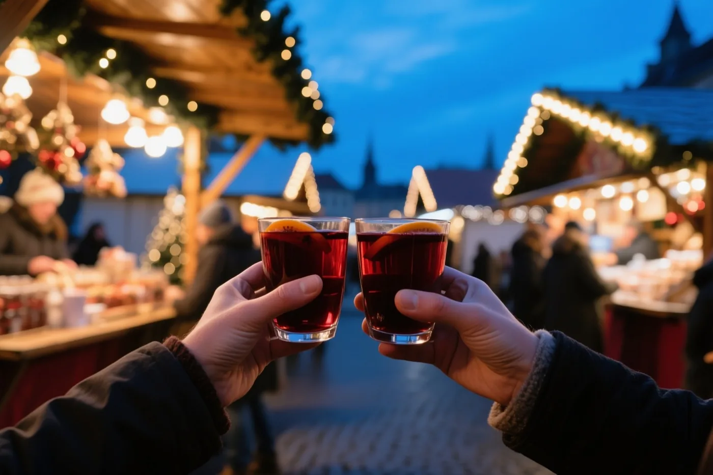 Twee handen klinken met glazen glühwein met sinaasappelschijfjes aan een kerstmarktkraam bij schemerlicht, met warme lichtjes en feestversiering op de achtergrond.