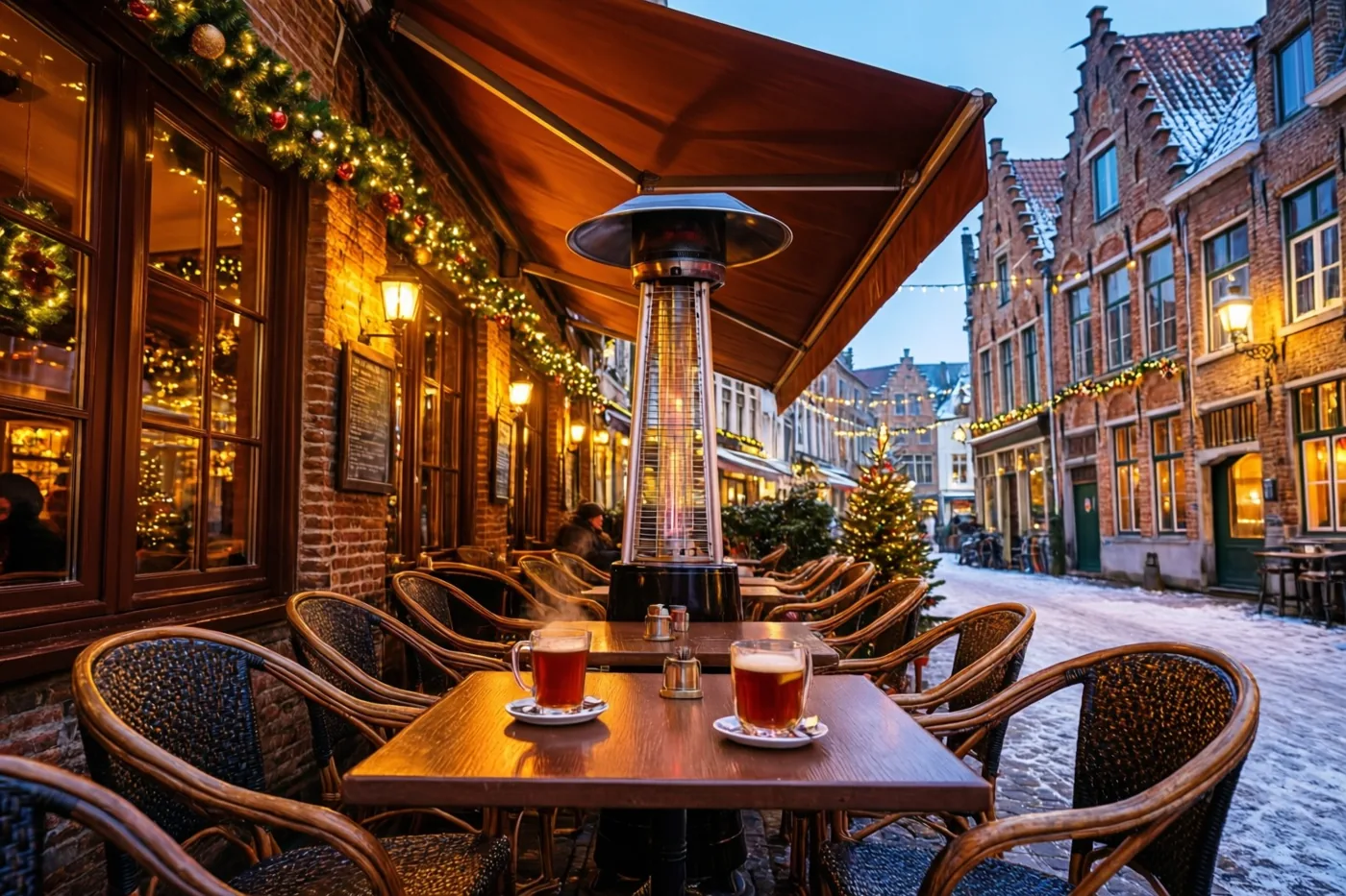 Een caféterras in een besneeuwde Vlaamse kasseistraat heeft houten tafels met glühwein, terrasverwarmers en kerstlichtjes in het warme licht van de schemering.