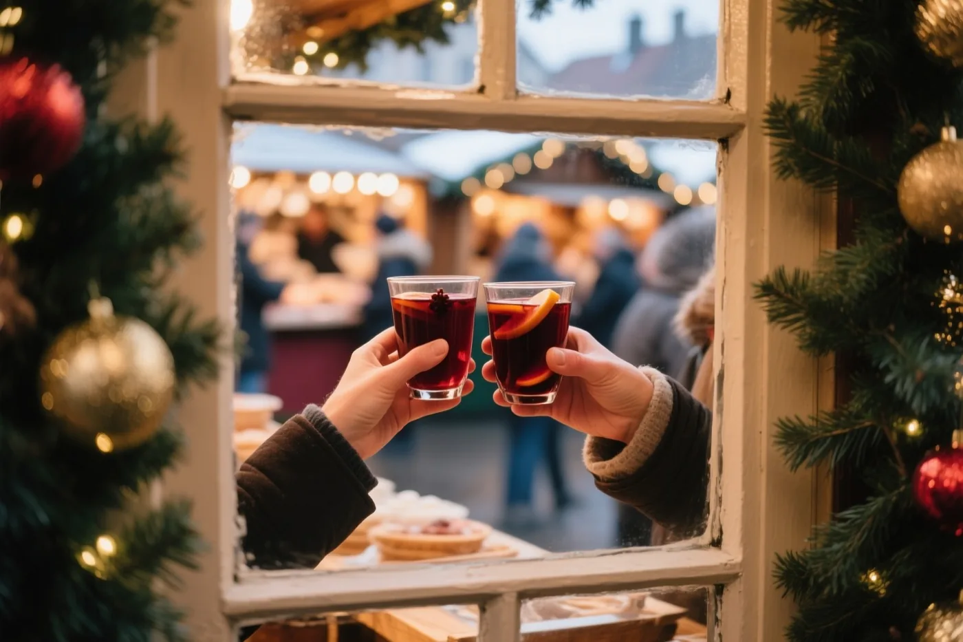 Door een raam zijn twee handen te zien die elk een glas glühwein met een schijfje sinaasappel en steranijs vasthouden, omringd door versierde dennentakken en een wazige kerstmarkt met mensen en lichtjes.