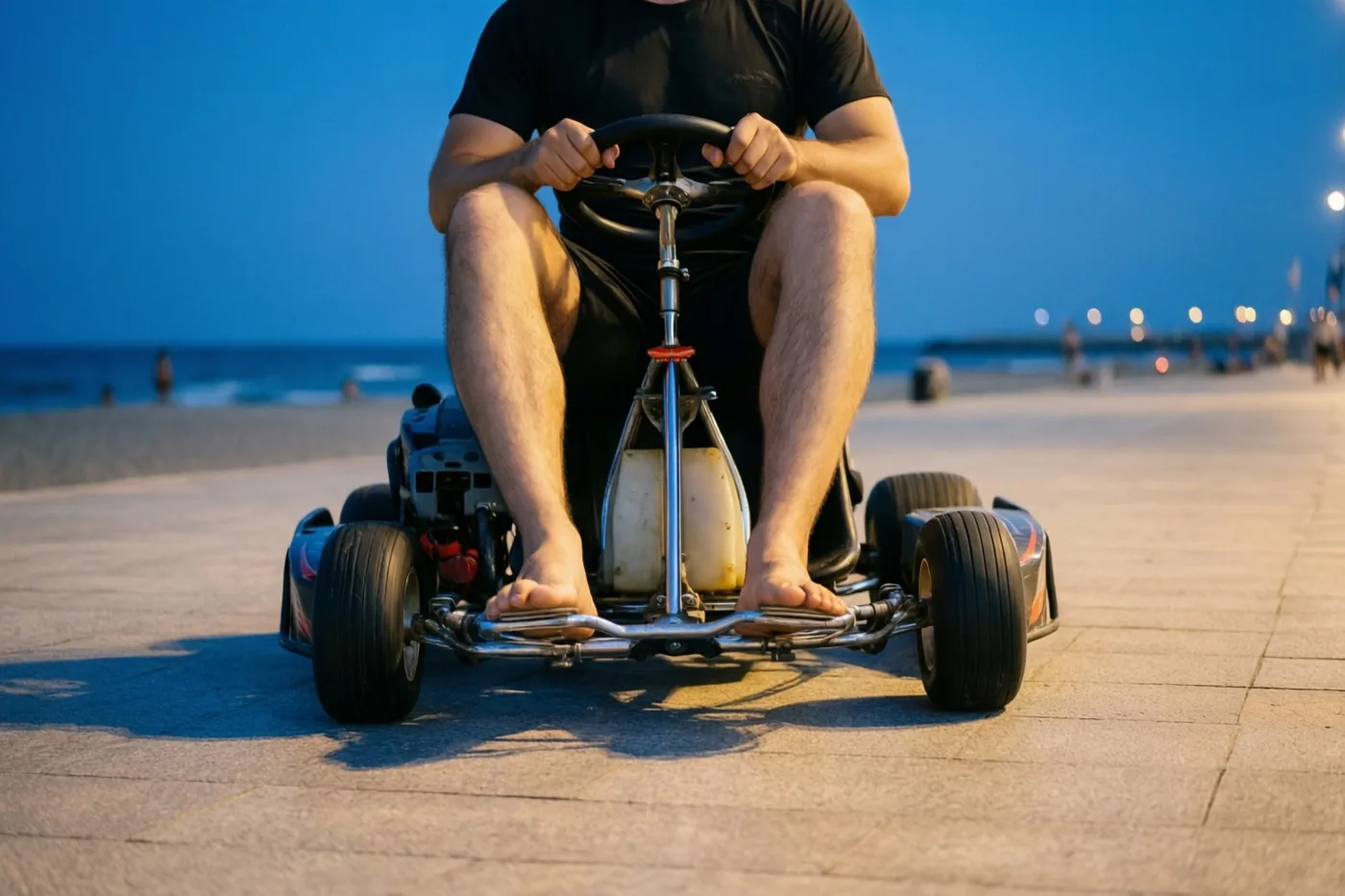 Iemand rijdt blootsvoets met een gocart over een verharde zeedijk in de schemering, met de zee en lichtjes in de verte.