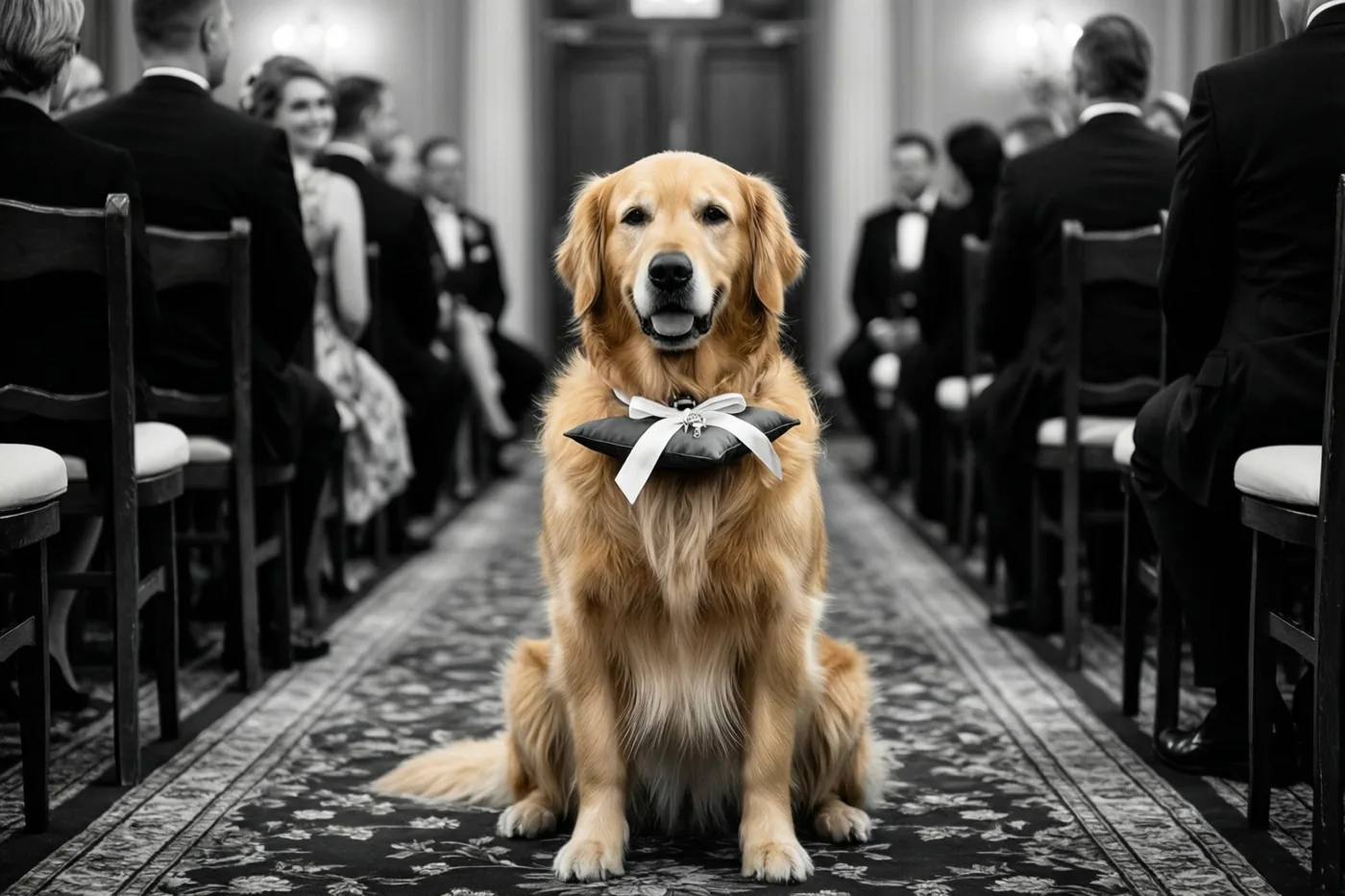 Een golden retriever met een ringkussentje aan zijn halsband zit in kleur in een trouwgang, terwijl de feestzaal en de gasten aan weerszijden in zwart-wit zijn weergegeven.