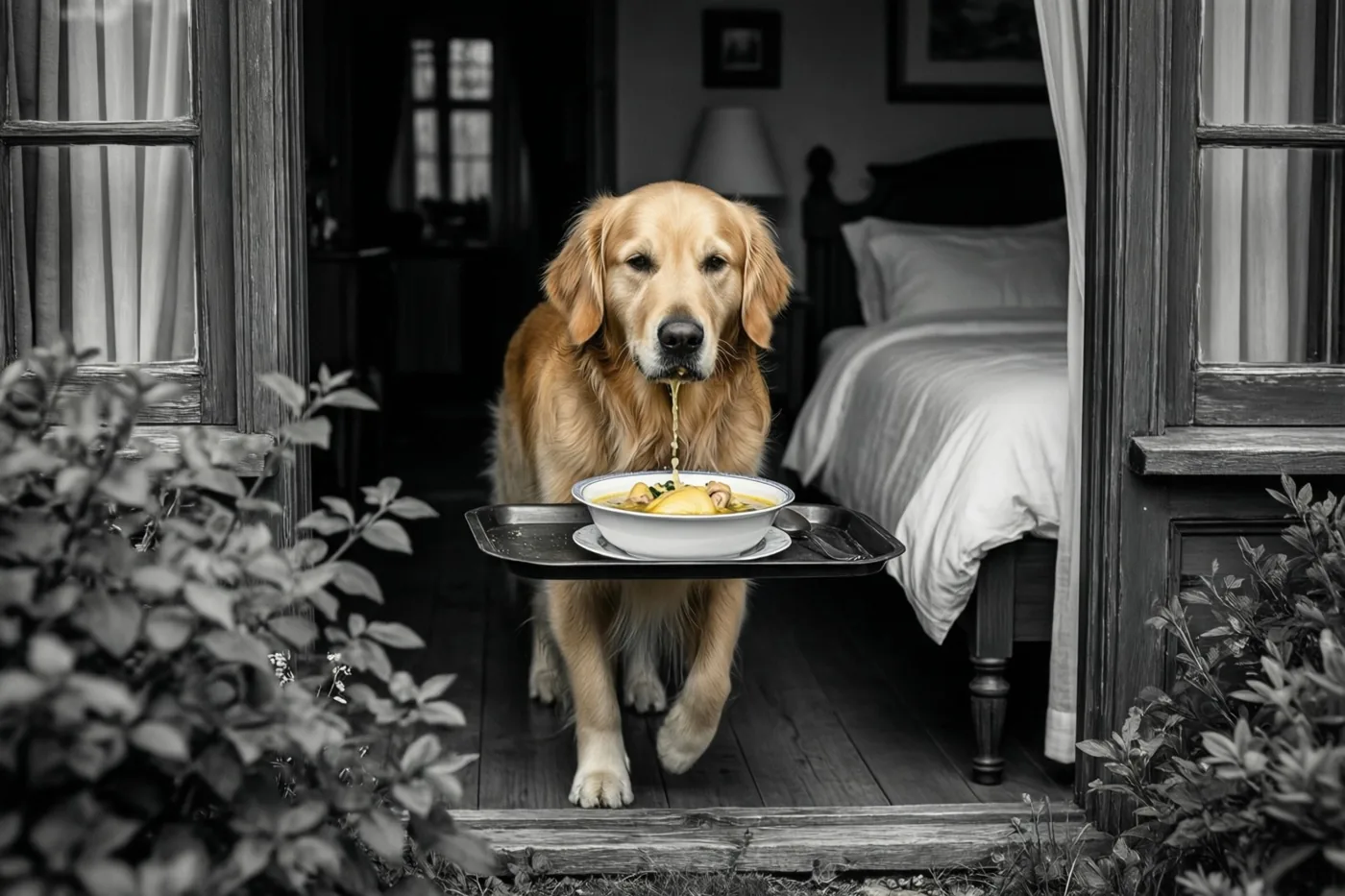 Een golden retriever staat in een deuropening met een dienblad met kippensoep, terwijl wat soep uit zijn bek loopt en de hond en het eten in kleur afsteken tegen de zwart-witte slaapkamer.