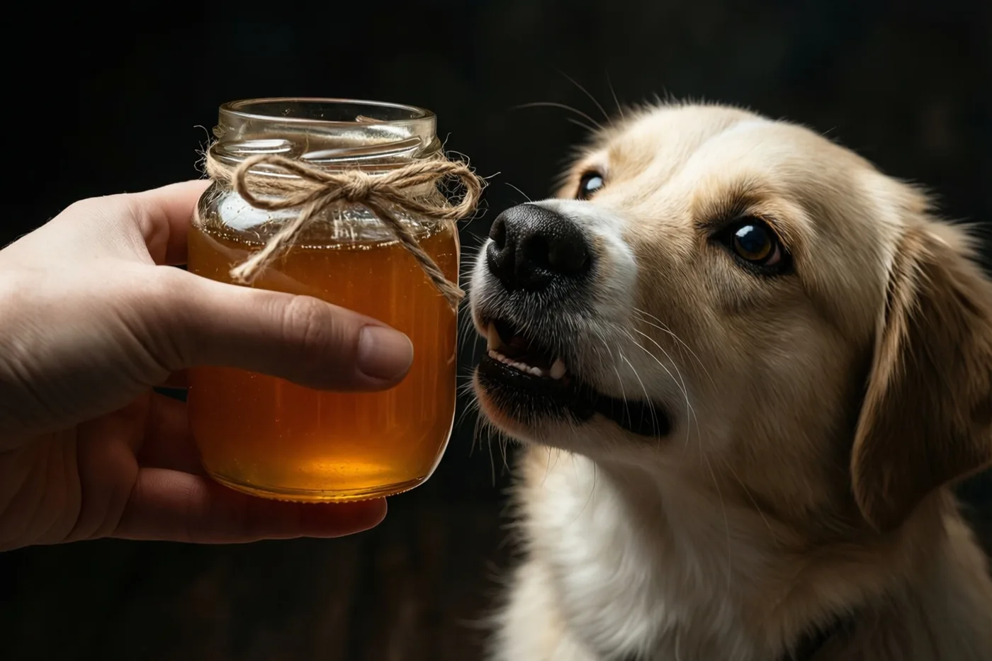 Een golden retriever kijkt gretig omhoog naar een pot amberkleurige honing in een hand, tegen een donkere achtergrond met warm licht.