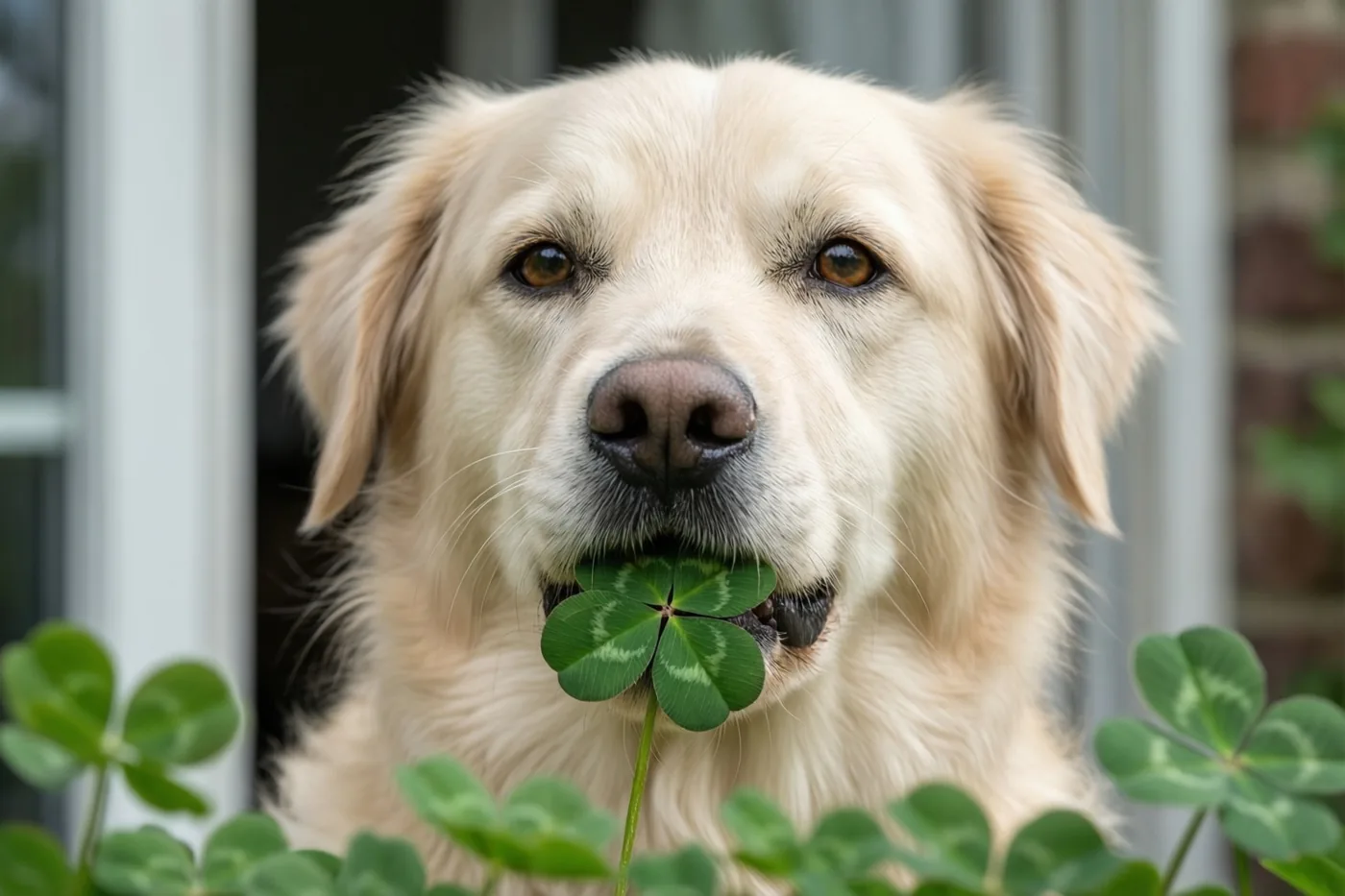 Een golden retriever houdt een klavertjevier in zijn bek tussen groene klaverplanten, bij een deuropening met een wit kader en een bakstenen muur.