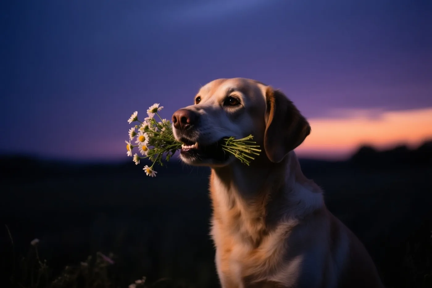 Een golden retriever houdt buiten een klein bosje margrieten in zijn bek onder een paarse en oranje avondhemel.