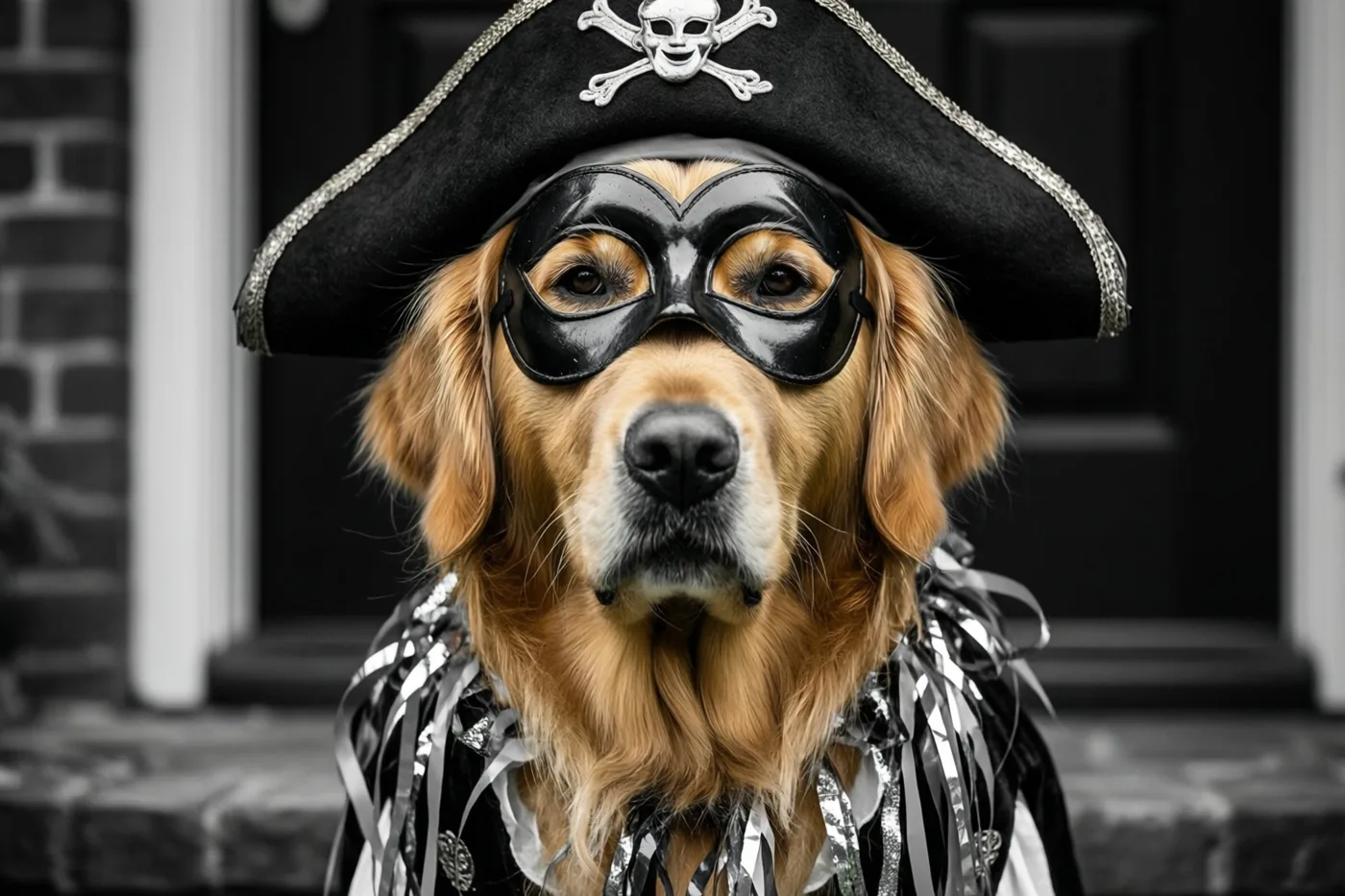 Een golden retriever met een piratenhoed met doodskop en gekruiste beenderen, een zwart masker en zilveren slingers zit op een drempel bij een bakstenen muur en een donkere deur.