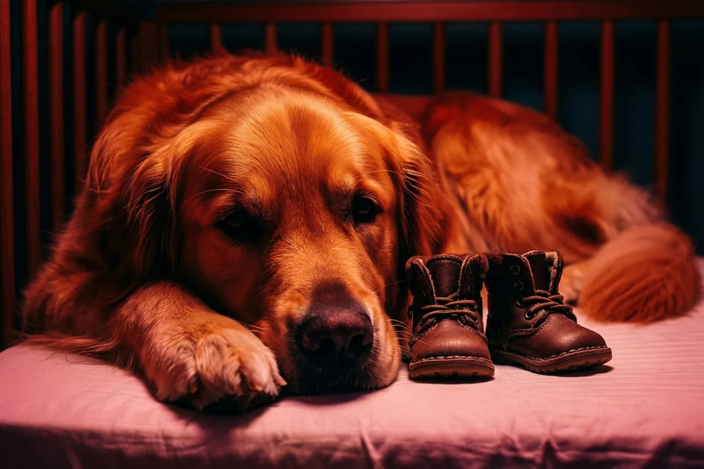 Een golden retriever rust met zijn kop op een roze oppervlak naast kleine bruine babyslofjes, bij de rand van een houten babybed in warm roodachtig licht.