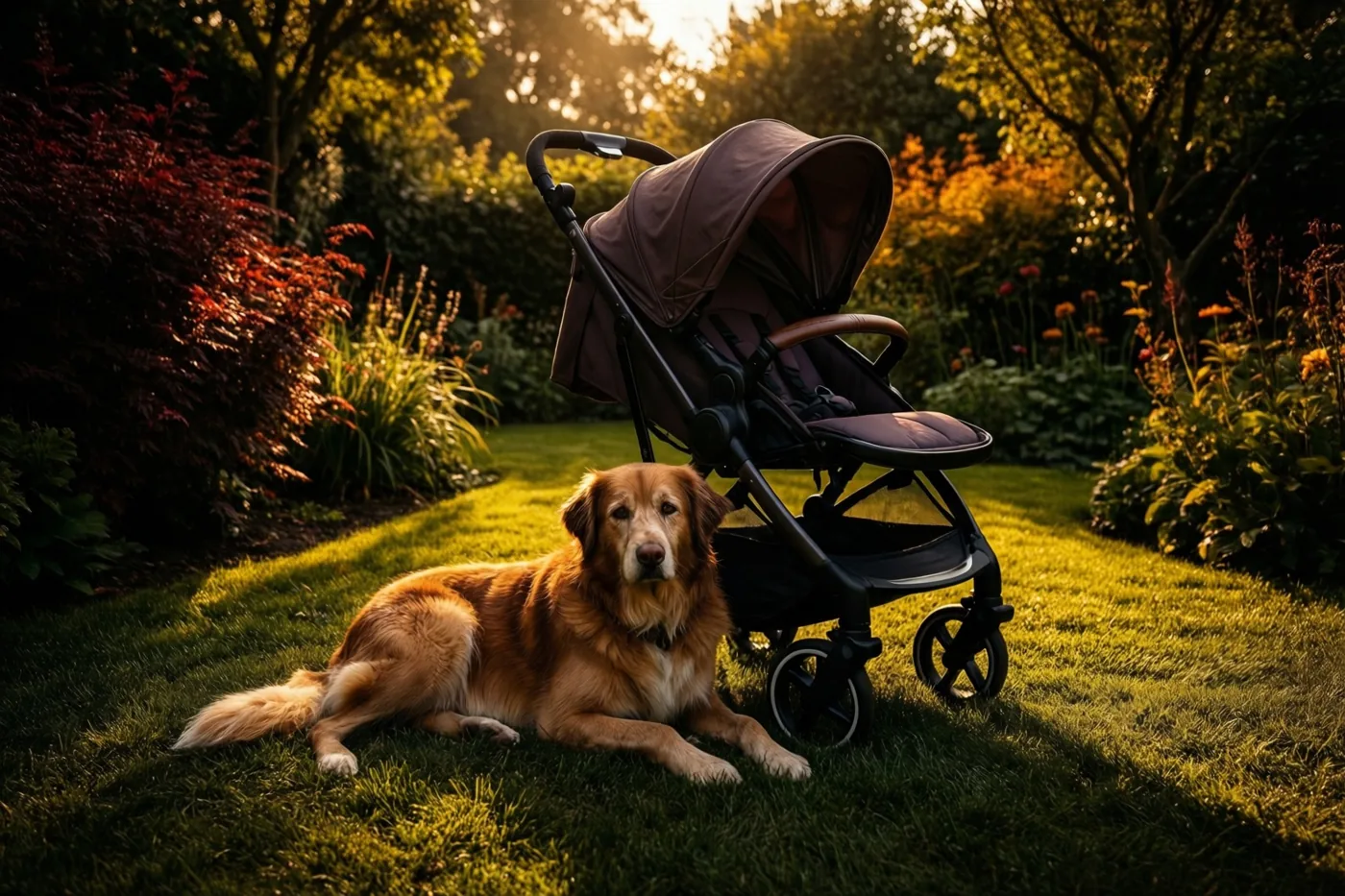 Een golden retriever ligt op groen gras naast een donkere kinderwagen in een tuin waar goudkleurig zonlicht door de bomen valt.