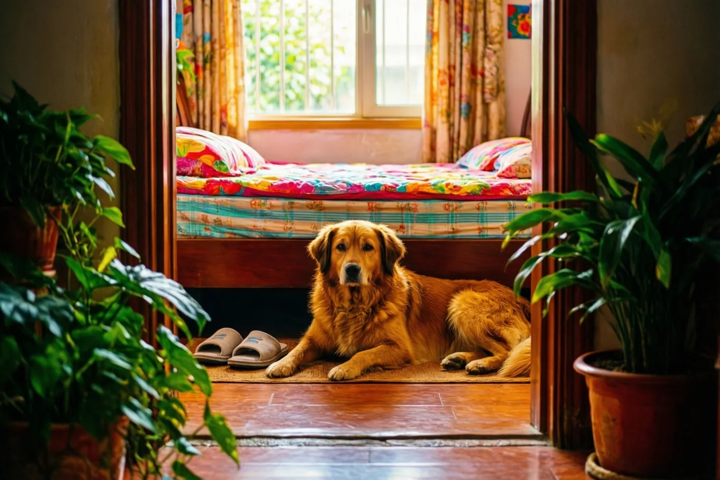 Een golden retriever ligt aan het voeteneind van een bed naast pantoffels, in een warm verlichte kamer met potplanten, kleurrijk beddengoed en houten meubels.