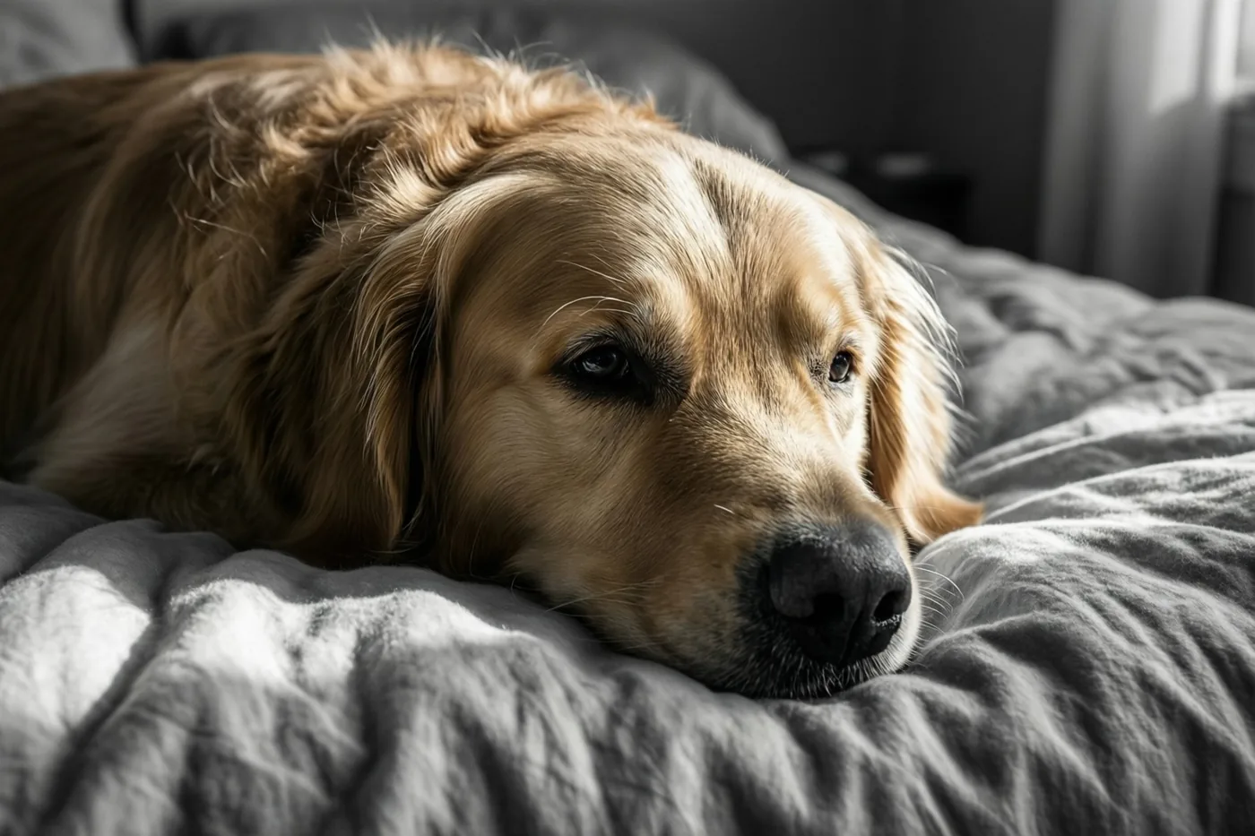 Een golden retriever rust met zijn kop op een verkreukeld grijs dekbed in het vroege ochtendzonlicht.