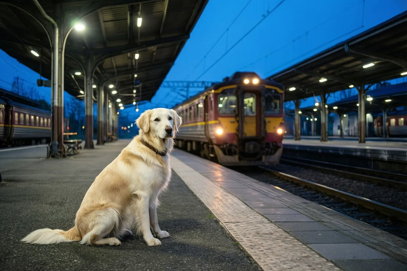 Een golden retriever zit op een stationsperron terwijl een geel-bordeauxrode trein wegrijdt, onder stationslichten en een donkerblauwe schemerlucht.