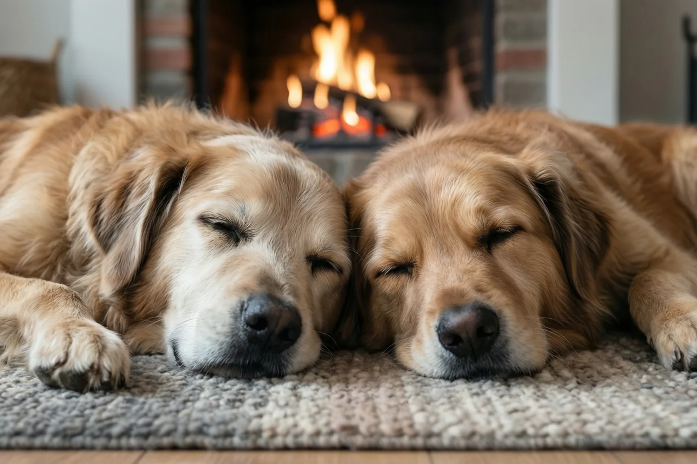 Twee golden retrievers slapen naast elkaar op een beige tapijt met structuur voor een brandende open haard met oranje vlammen.