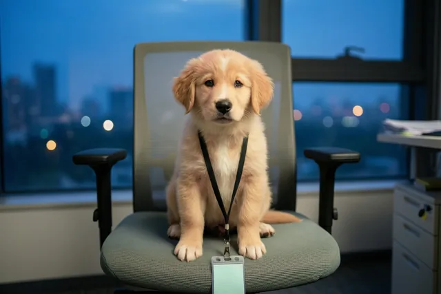 Een goldenretrieverpuppy zit rechtop op een moderne bureaustoel met een zwart halskoord en een blanco identificatiekaart, voor een raam met een wazig stadszicht in de schemering.
