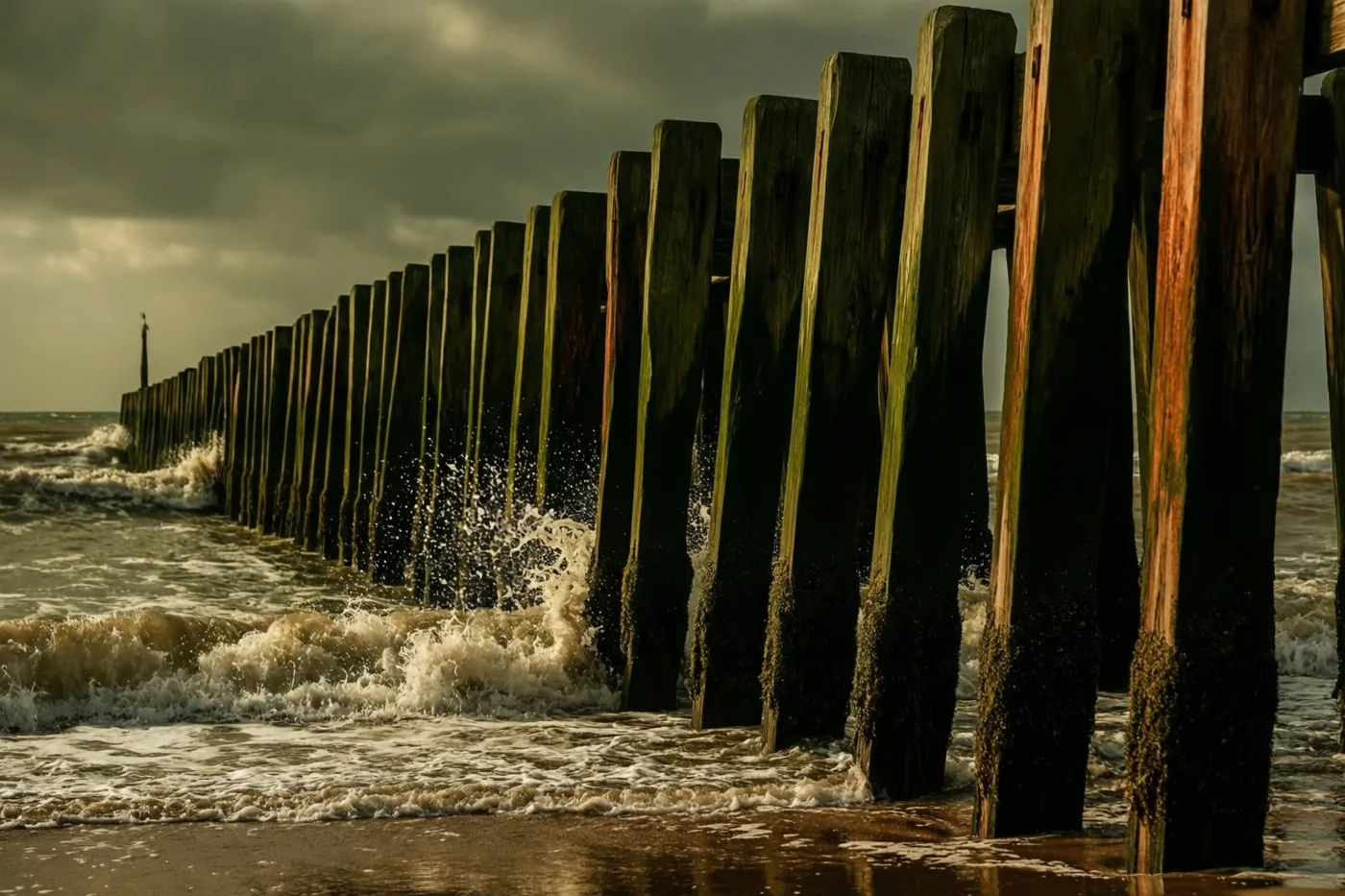 Golven slaan tegen een rij verweerde houten golfbrekerpalen onder een bewolkte hemel, in donkerbruine, grijsgroene en grijze tinten.