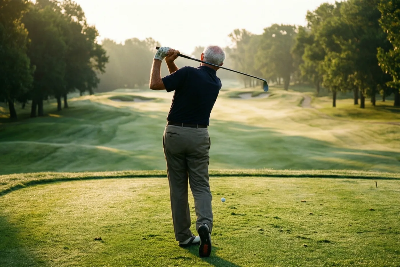 Een oudere golfer met wit haar is van achteren te zien tijdens het afslaan op een groene golfbaan met bomen in goudkleurig ochtendlicht.