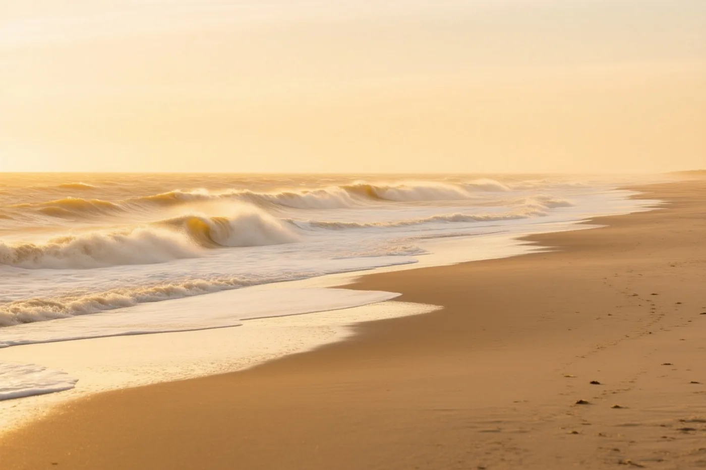 Hoge golven rollen op een leeg strand onder een goudkleurige hemel, met warme gele en oranje tinten in lucht en zand.