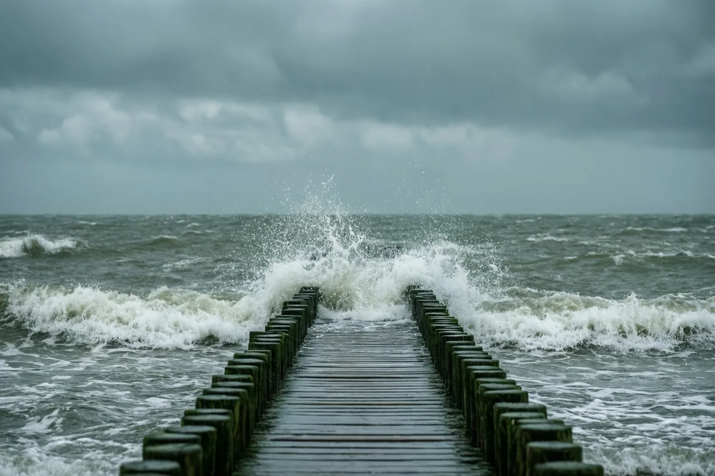 Golven slaan tegen een houten golfbreker in een woelige zee onder grijze wolken, in tinten grijs, groen en wit.