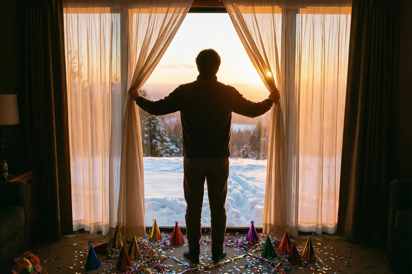 Iemand opent van achteren gezien doorschijnende gordijnen naar een besneeuwd landschap bij zonsopgang, met kleurrijke feesthoedjes en confetti op de kamervloer.