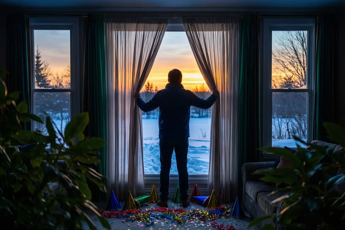 Een persoon staat met de rug naar de kijker en trekt de gordijnen open naar een besneeuwd landschap bij zonsopgang, met feesthoedjes en slingers op de vloer.