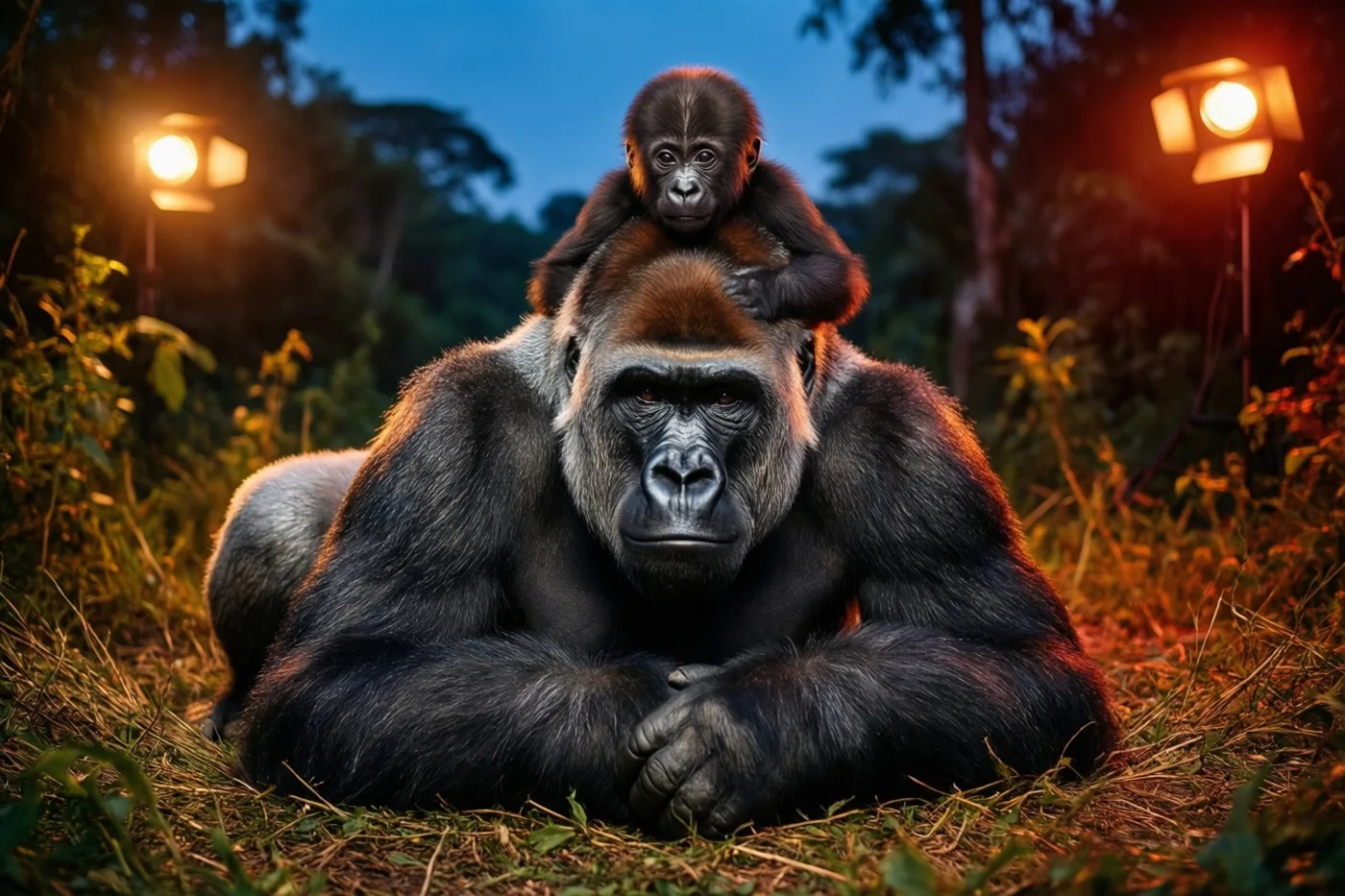 Een zilverruggorilla ligt op de grond in een bos bij schemering, met een babygorilla op zijn hoofd in warm studiolicht.