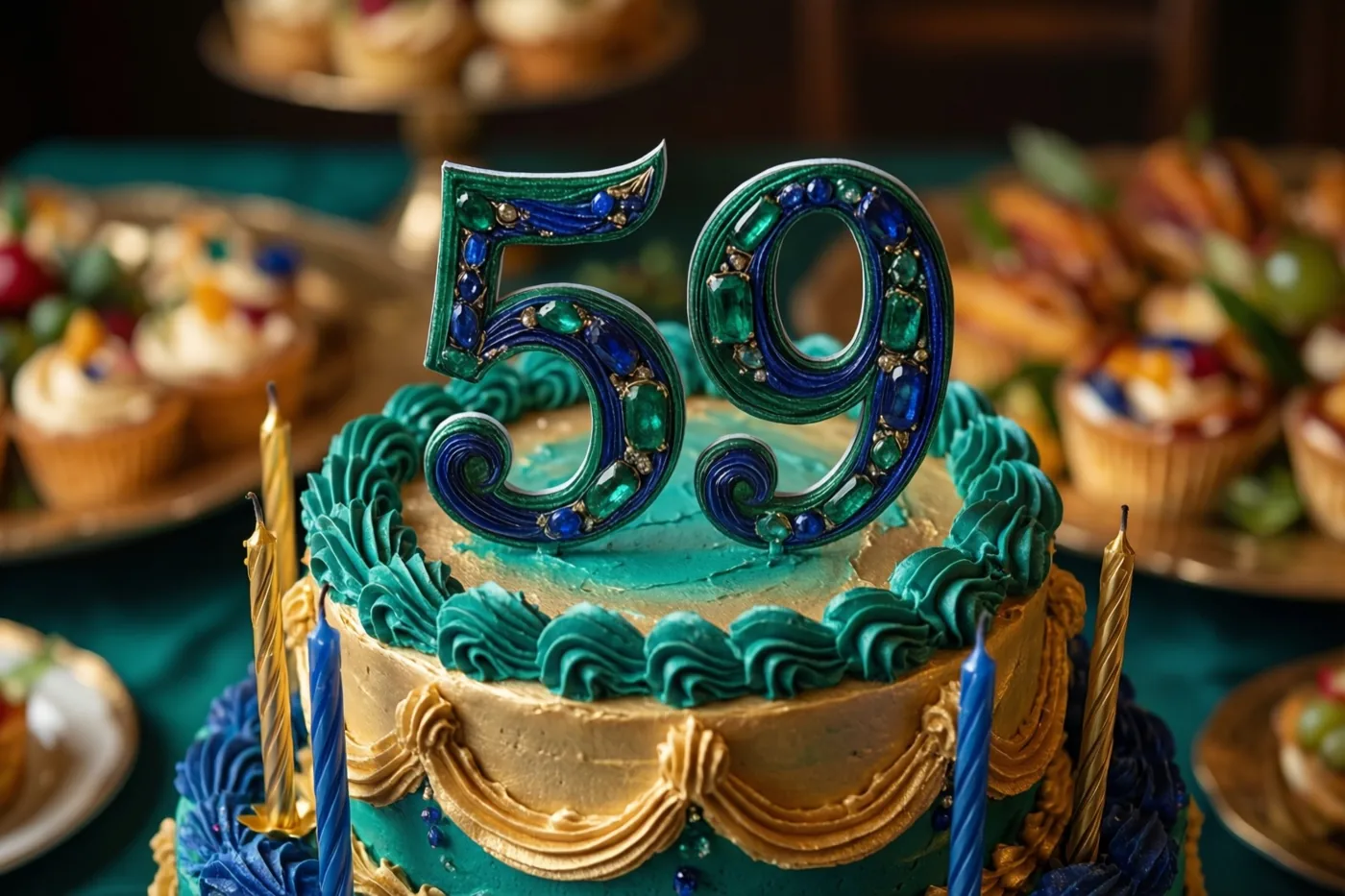 Een taart met meerdere verdiepingen in goud en blauwgroen draagt een met sierstenen versierde 59, tussen kaarsen op een buffet met andere desserts.