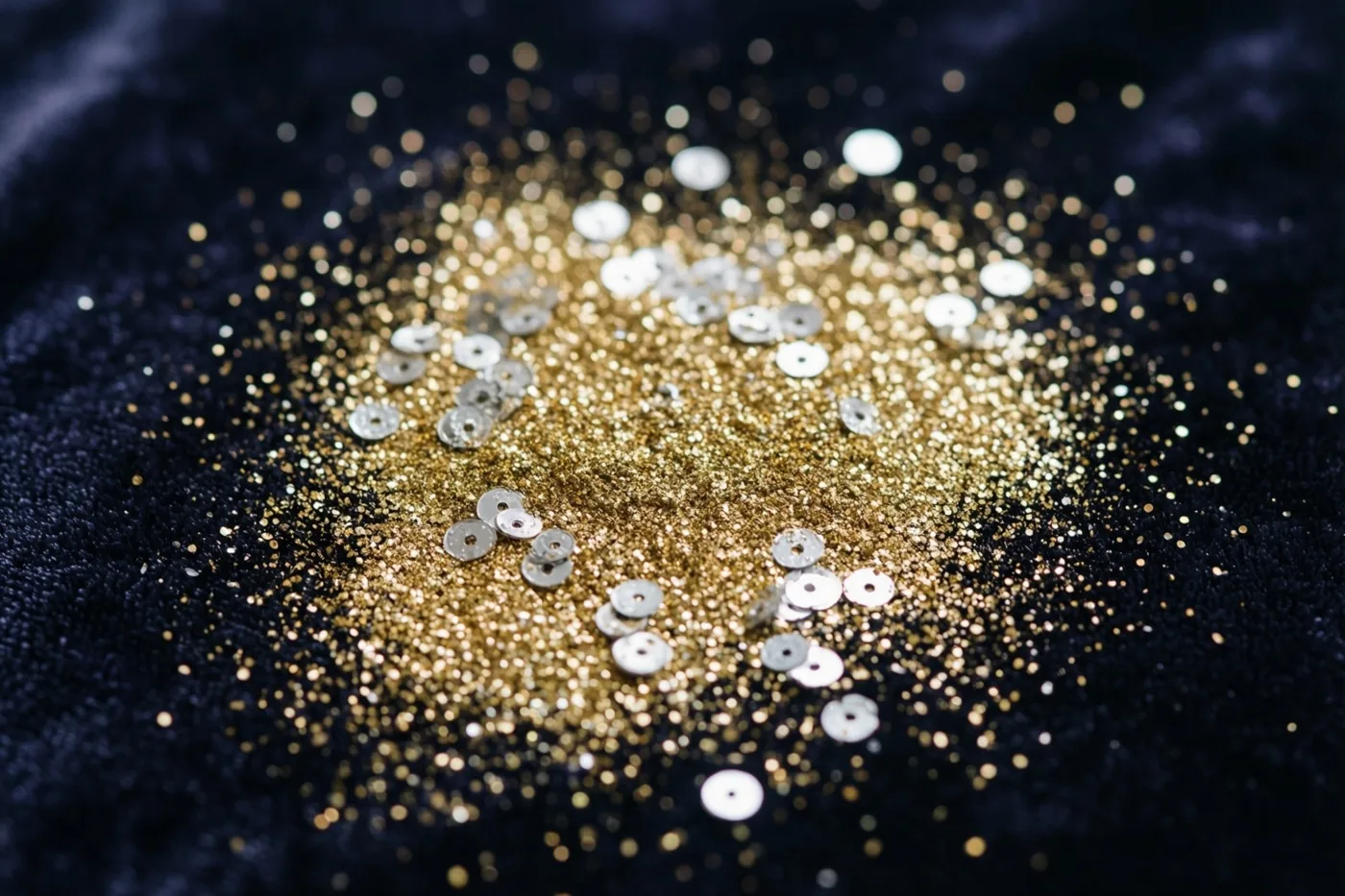 Gouden glitter en zilveren pailletten steken af tegen diepzwart fluweel.