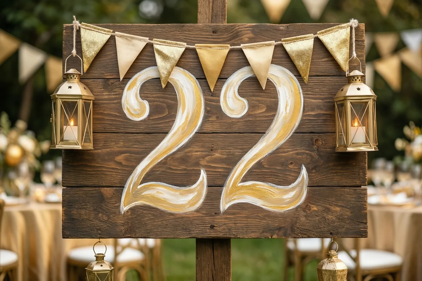 Een houten bord met 22 in goud en wit staat in een tuin met gouden vlaggetjes en hangende lantaarns, met tafels en stoelen achteraan.