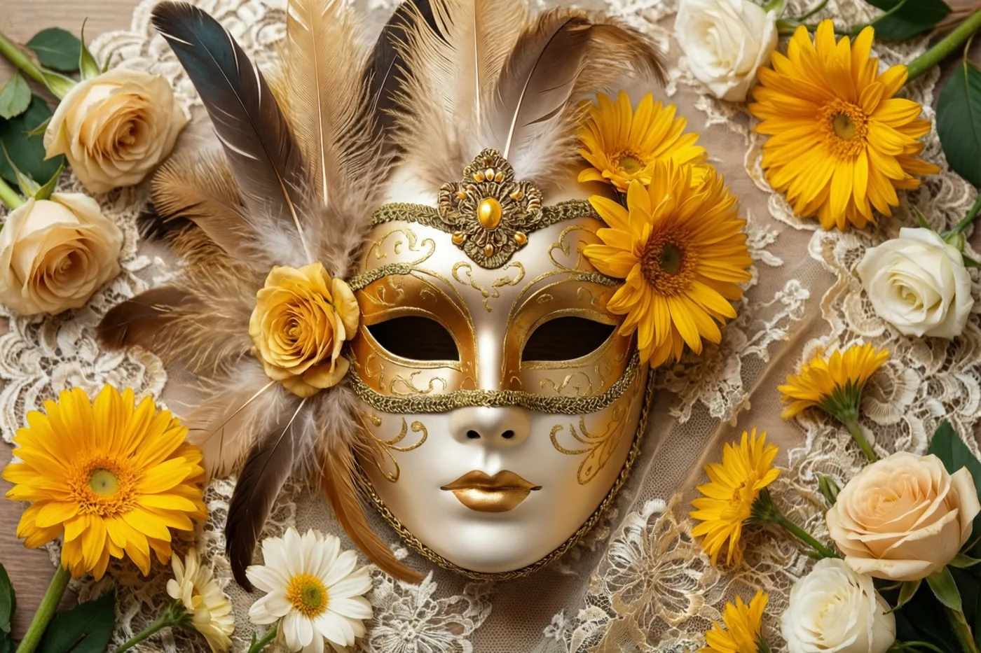 Een goud-wit masker met veren en verse gele en witte bloemen ligt op een fijne kanten doek in warm licht.