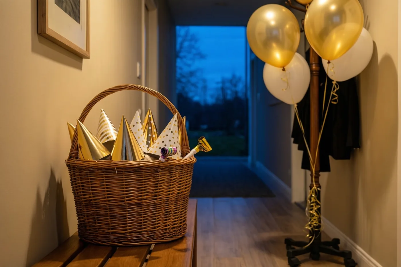 Een rieten mand met gouden en witte papieren feesthoedjes en roltongen staat op een houten bank in een gang met bijpassende ballonnen, een ingelijste prent en een deuropening naar buiten in de schemering.
