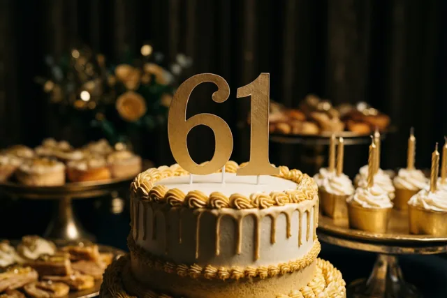 Een taart met meerdere verdiepingen, goudkleurig en wit glazuur en een gouden versiering met 61 staat tussen cupcakes en desserts tegen een donkere achtergrond.